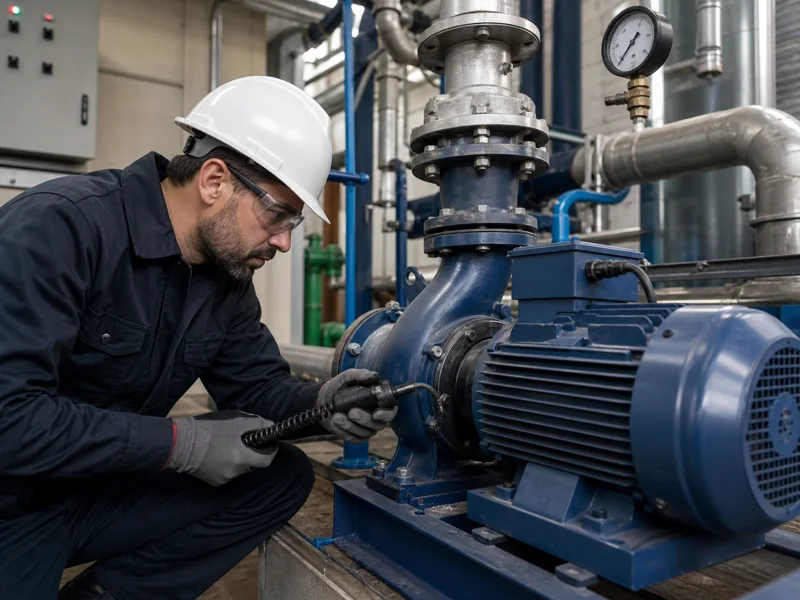 Técnico inspecciona una bomba de agua y verifica vibraciones en una sala técnica
