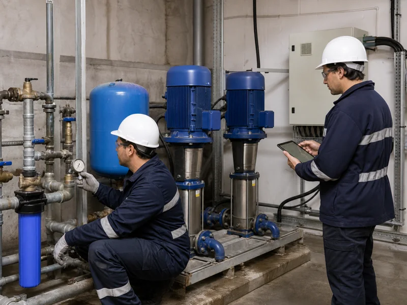 Equipo técnico revisa la presión y el sistema de bombeo de agua de un edificio
