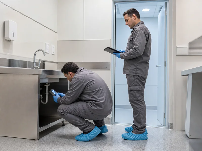 Equipo de mantenimiento revisa una instalación sanitaria en un centro de salud