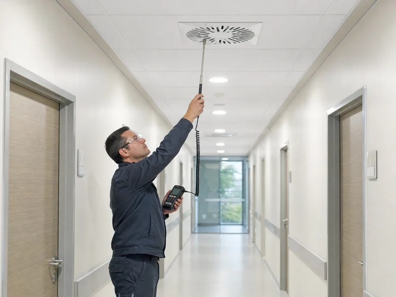 Técnico mide el flujo de aire en la ventilación de un centro de salud