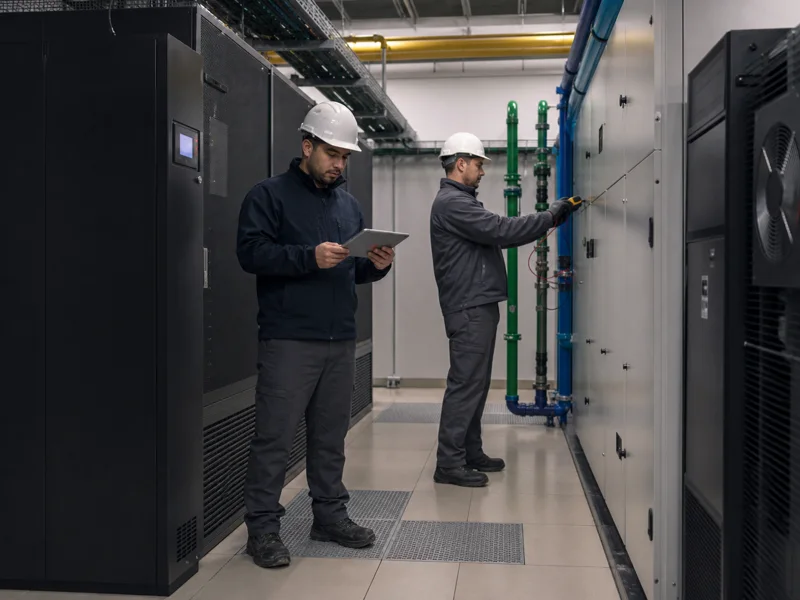 Equipo técnico revisa energía y climatización durante el mantenimiento de un data center