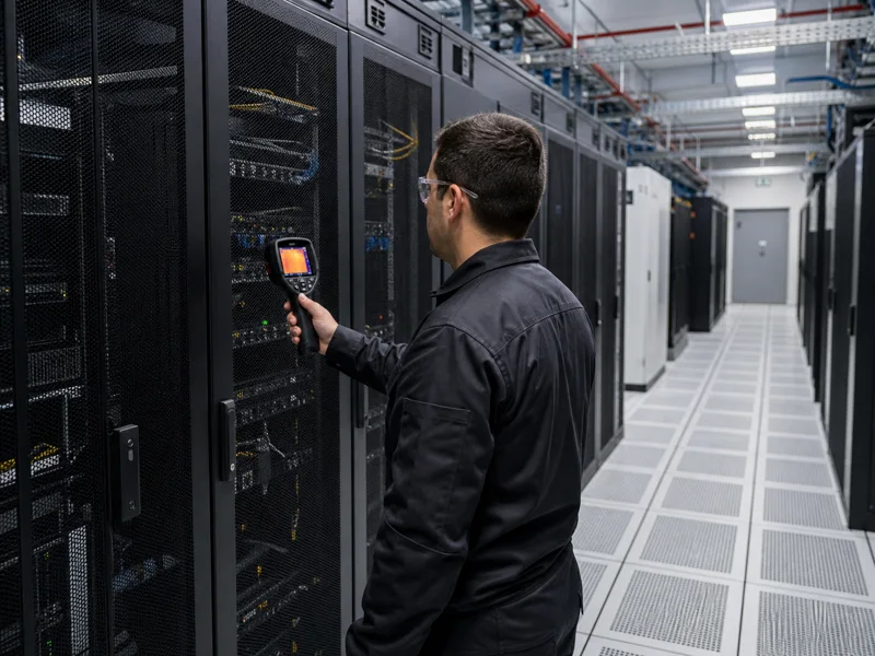 Técnico realiza una inspección térmica de servidores en un data center