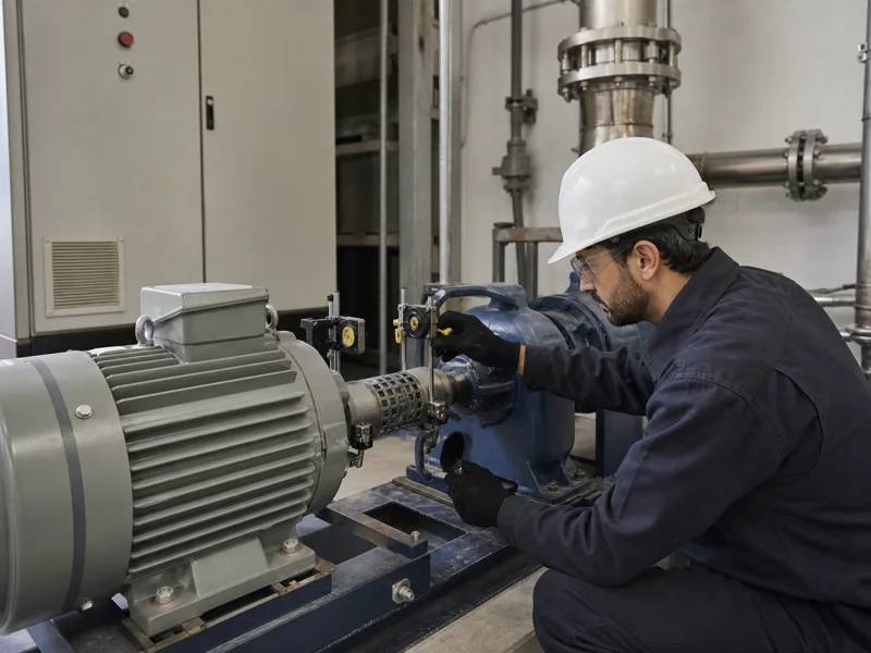Técnico verifica la alineación entre un motor eléctrico y una bomba industrial