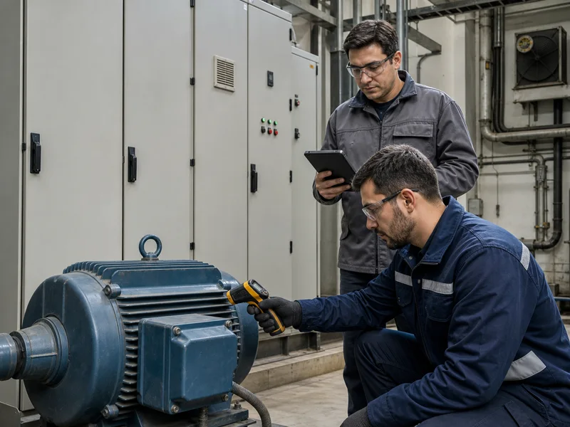 Técnicos controlan la temperatura de un motor durante una revisión electromecánica