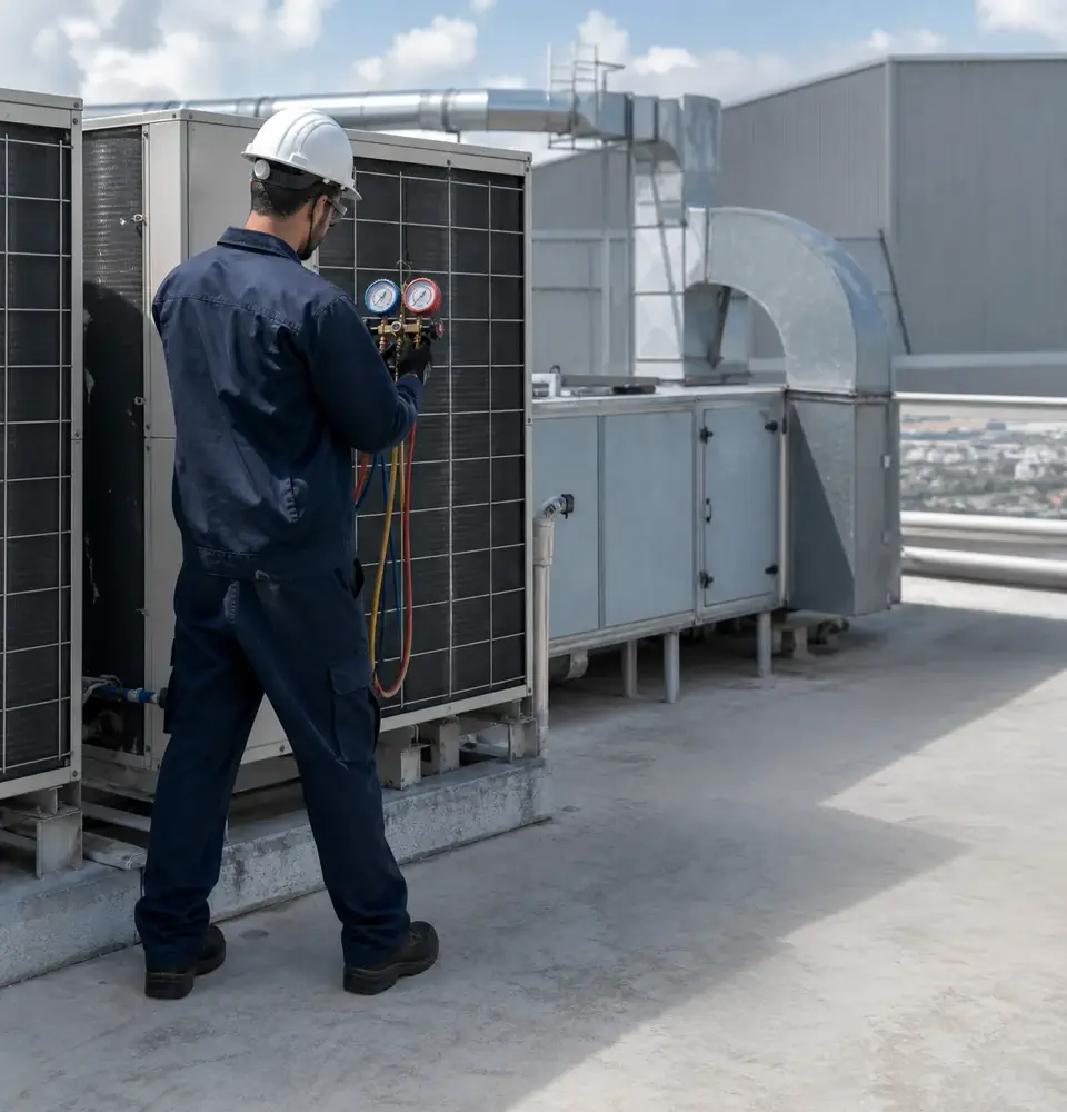 Técnico HVAC inspeccionando un sistema de aire acondicionado industrial con manómetros de presión