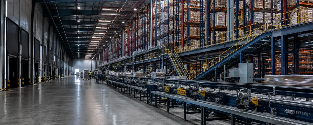Centro logístico automatizado con transportadores y racks de almacenamiento