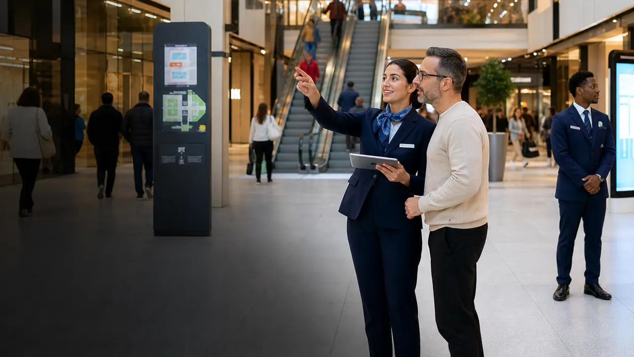 Personal de conserjería orientando a un visitante en un centro comercial