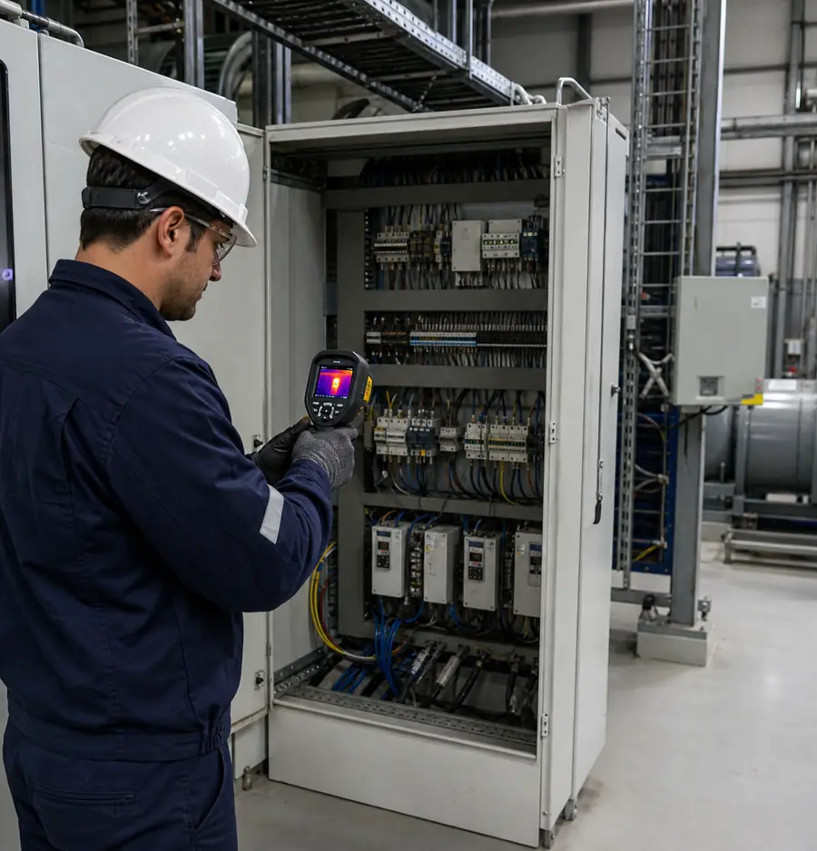 Técnico realizando una inspección termográfica de un tablero eléctrico industrial