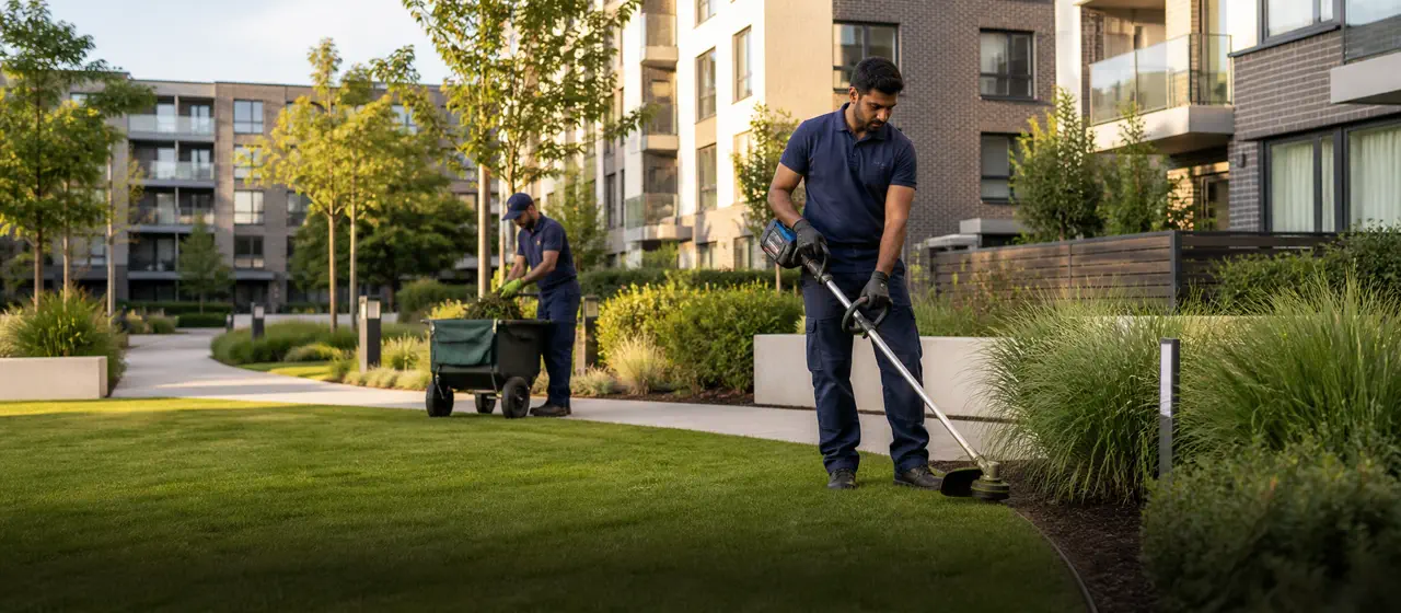 Equipo de jardinería manteniendo el césped y los canteros de un complejo residencial