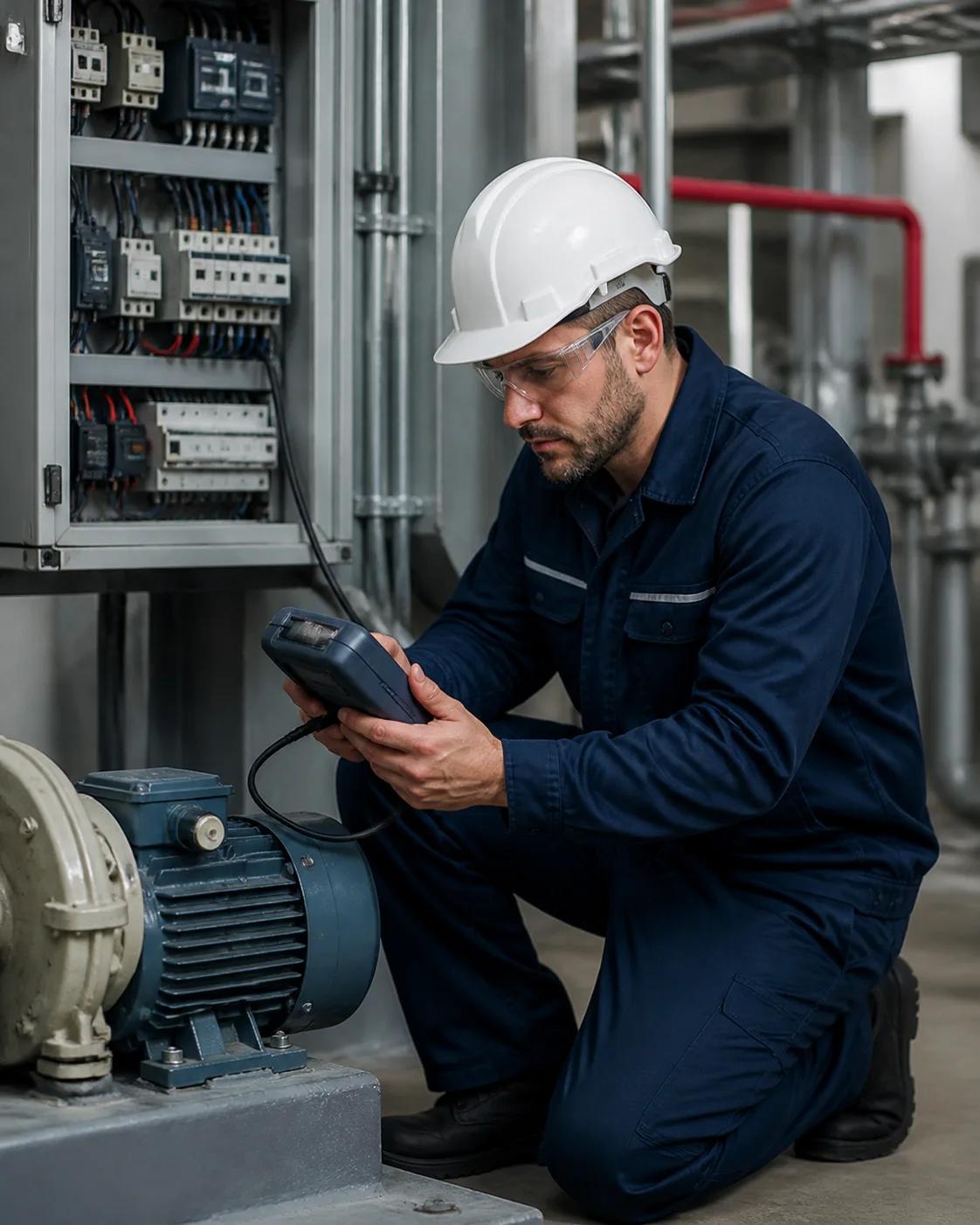 Técnico inspeccionando un motor y un tablero eléctrico en una planta industrial