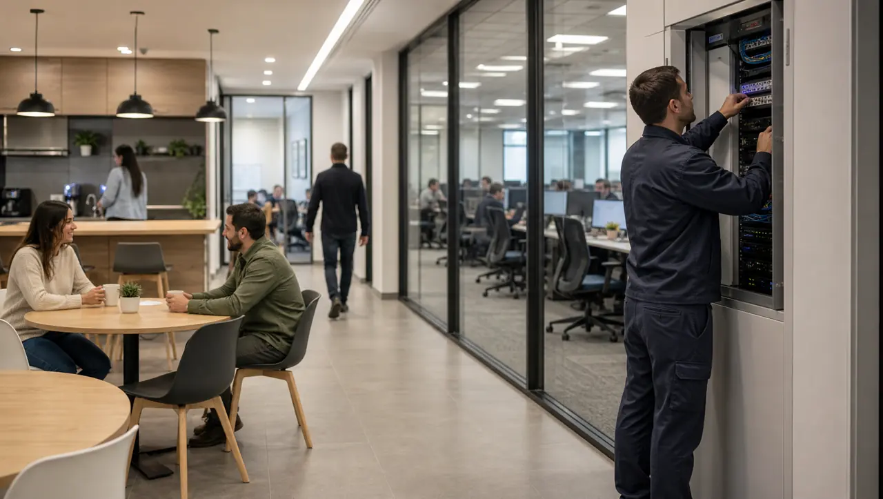 Técnico inspeccionando servicios junto a un área común de un call center