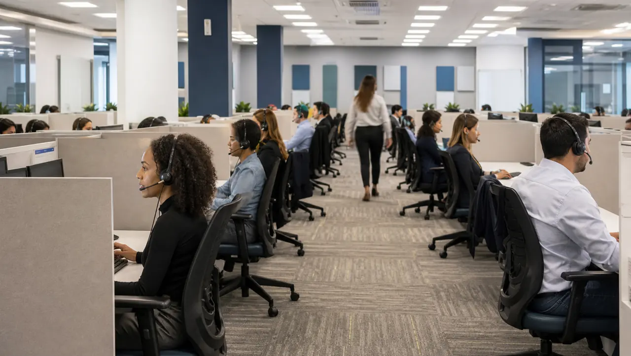 Centro de contacto con numerosos agentes trabajando en puestos con auriculares