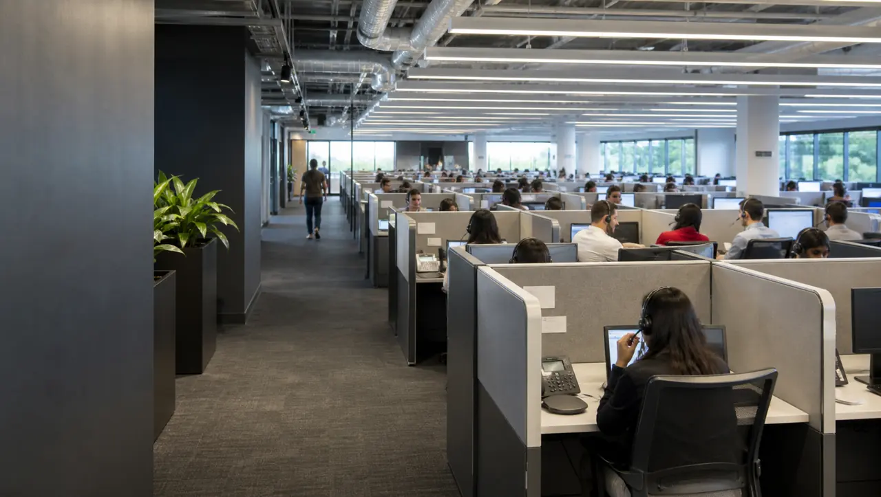 Sala operativa de un call center con filas de puestos y agentes trabajando