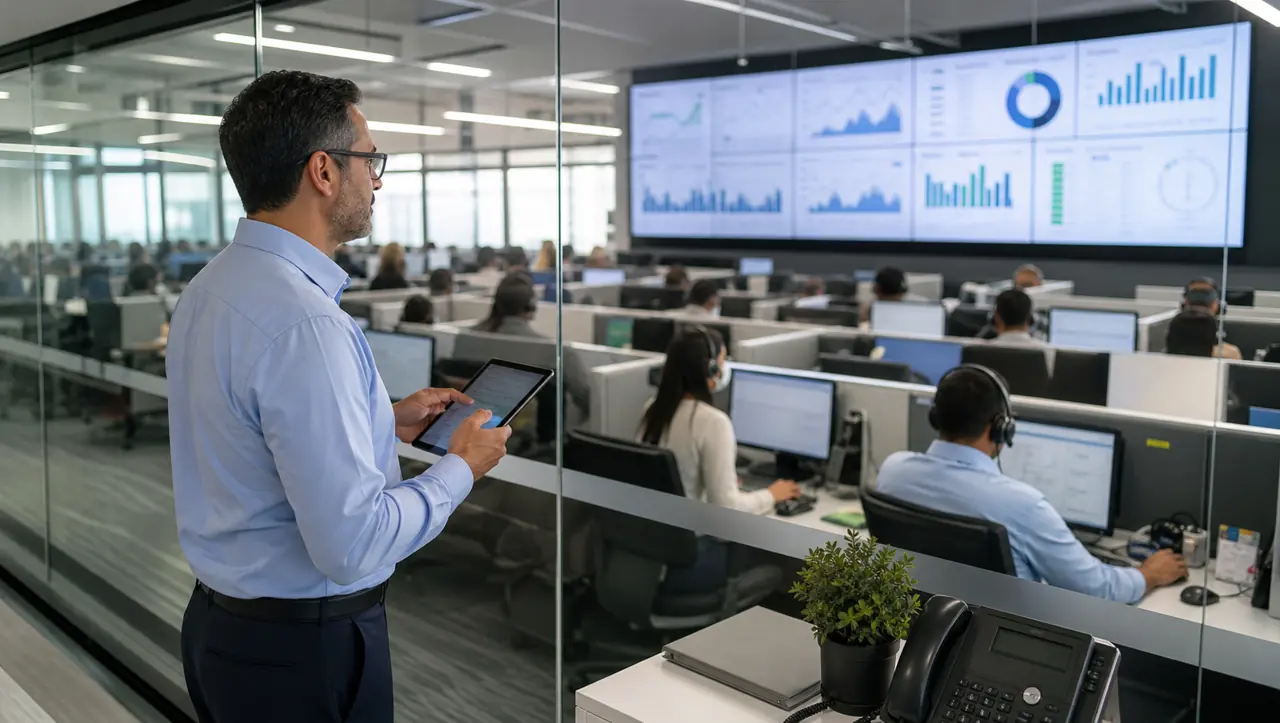 Supervisor monitoreando la operación de un call center desde un área de control