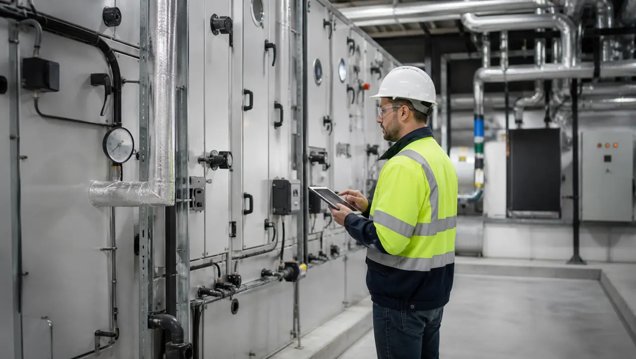 Técnico revisando equipos de climatización en la sala técnica de un centro comercial