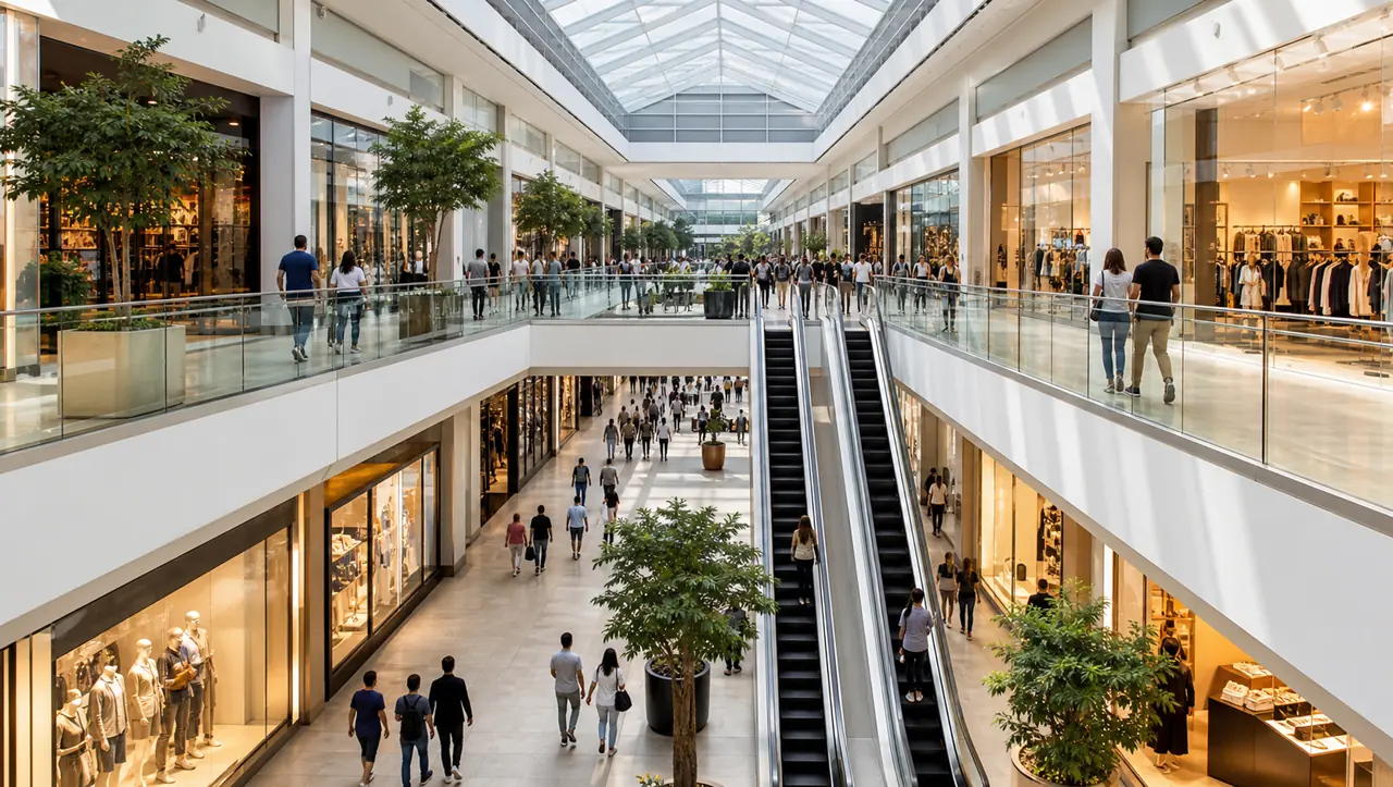 Centro comercial de varios niveles con locales, escaleras mecánicas y circulación de visitantes