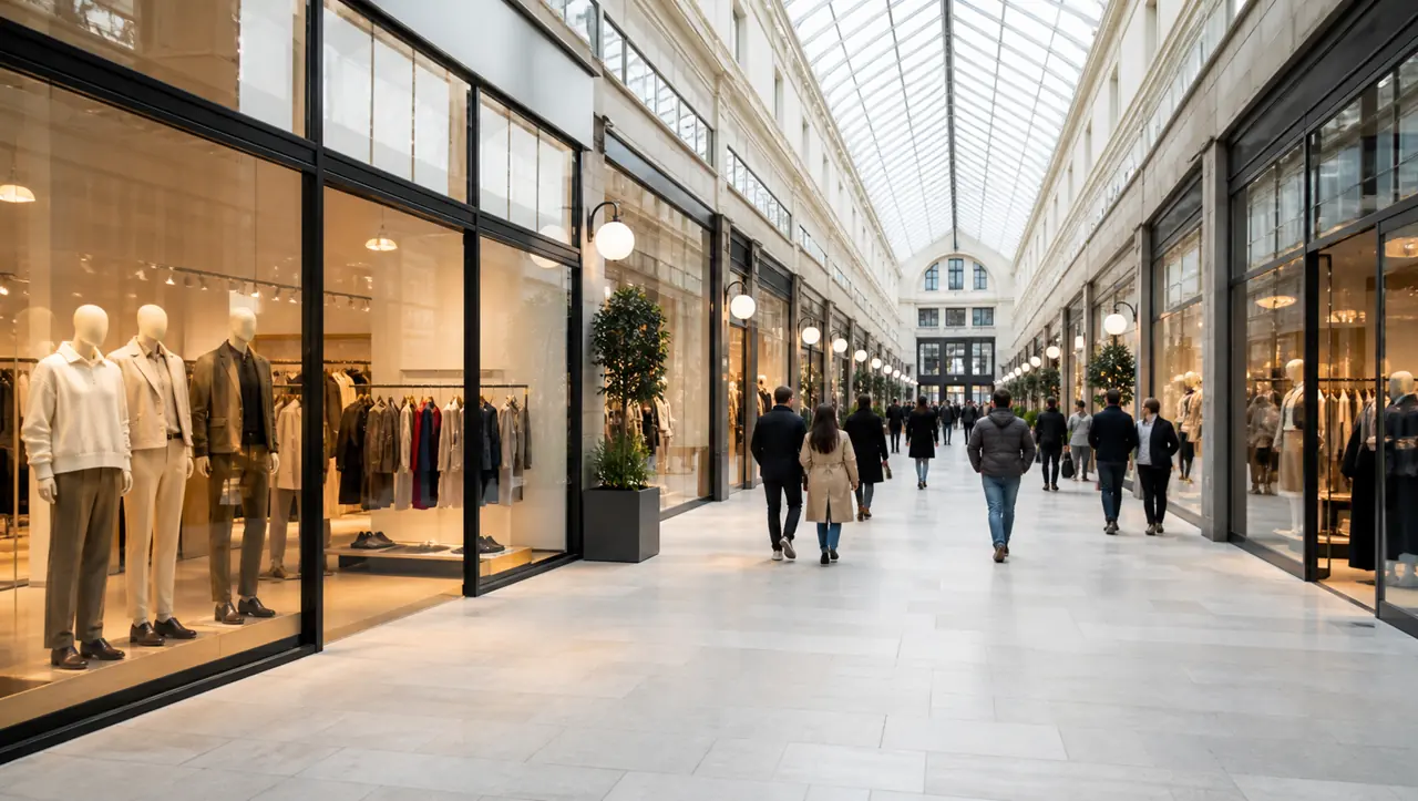 Galería comercial con locales y clientes recorriendo el espacio