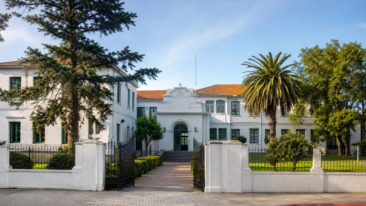 Edificio de colegio con acceso principal y patio frontal