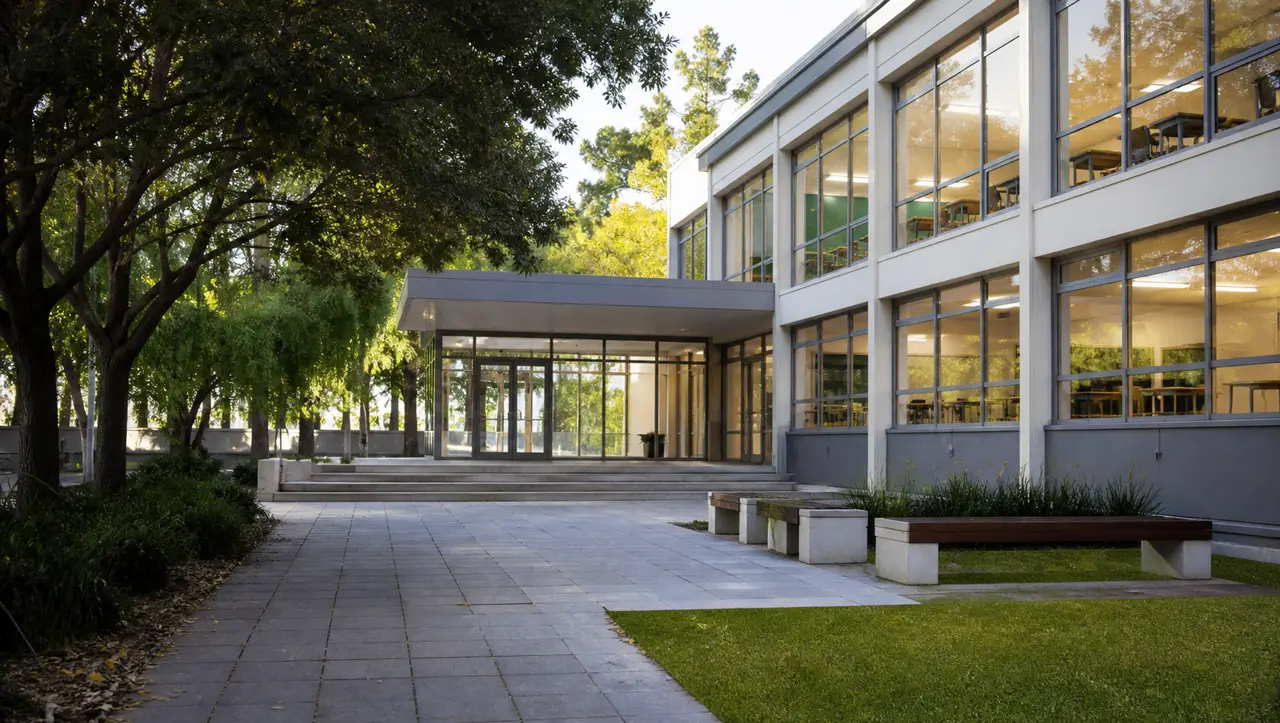Edificio educativo moderno con patio y acceso principal