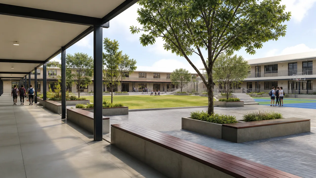 Patio educativo con áreas verdes, bancos y espacios de encuentro