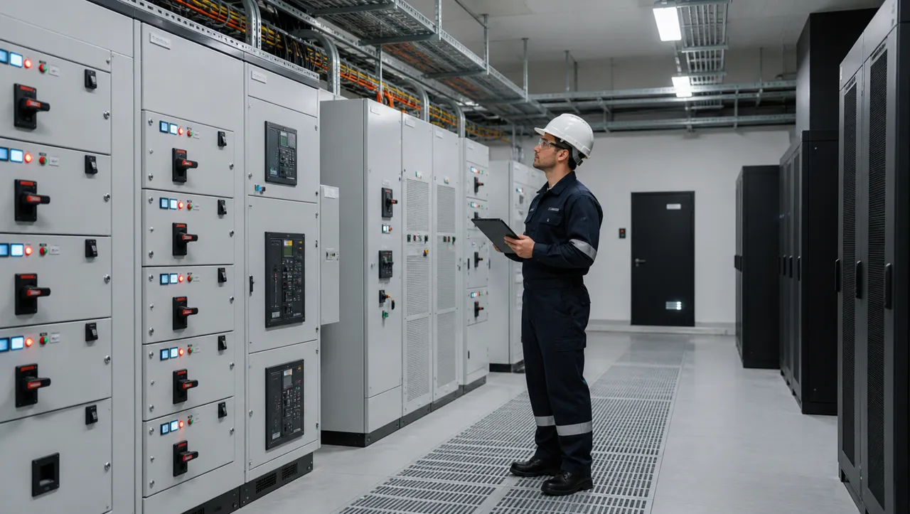 Técnico revisando tableros y sistemas eléctricos de un data center
