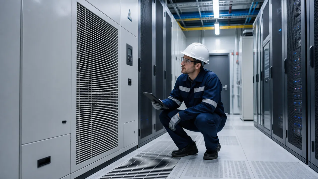 Técnico inspeccionando la climatización de precisión de una sala de servidores