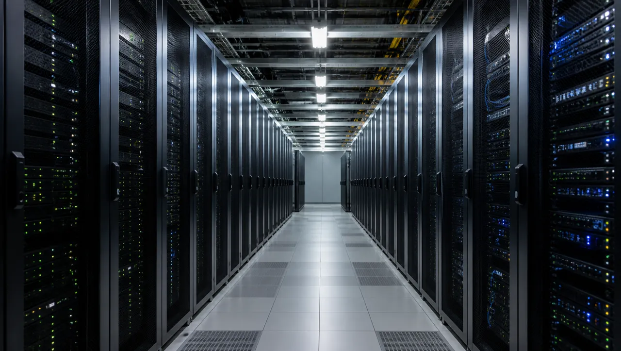 Pasillo de una sala de servidores con racks de infraestructura crítica