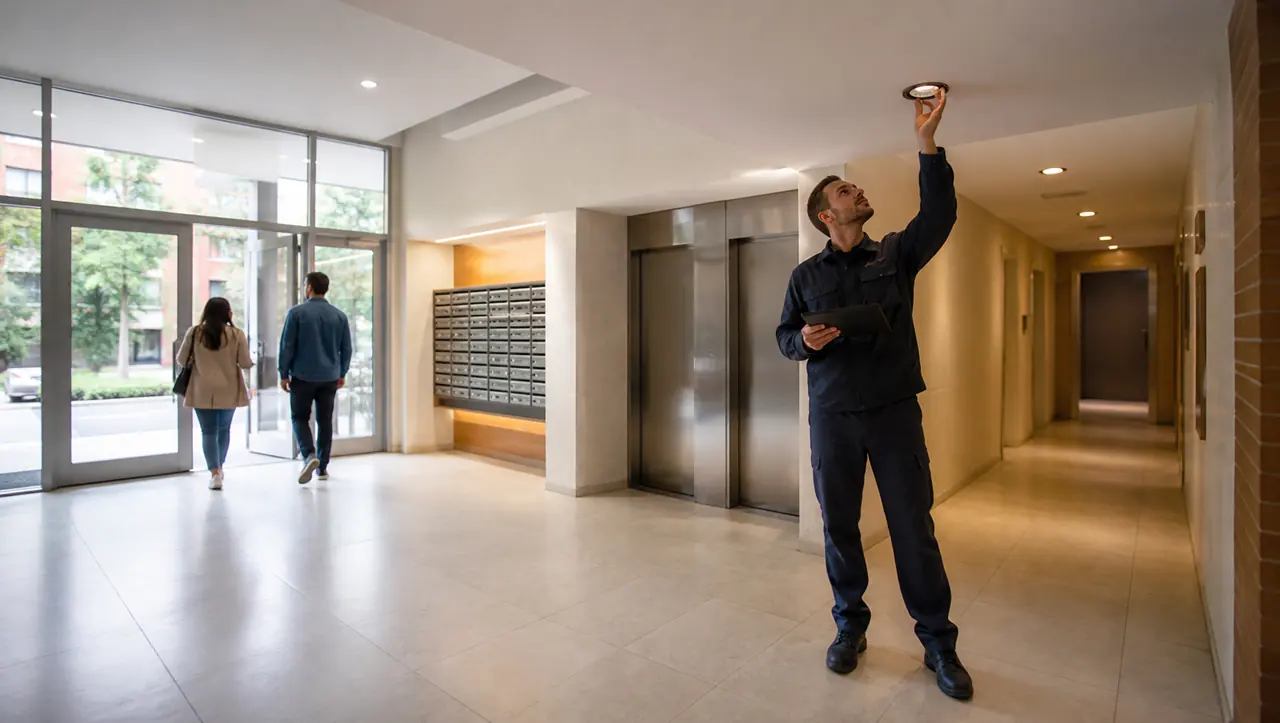 Técnico inspeccionando iluminación en el acceso y área común de un edificio residencial