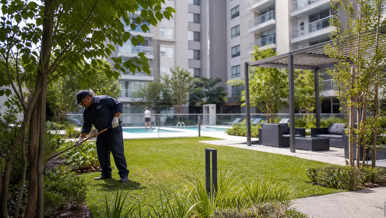 Personal manteniendo jardines y amenities exteriores de un complejo residencial
