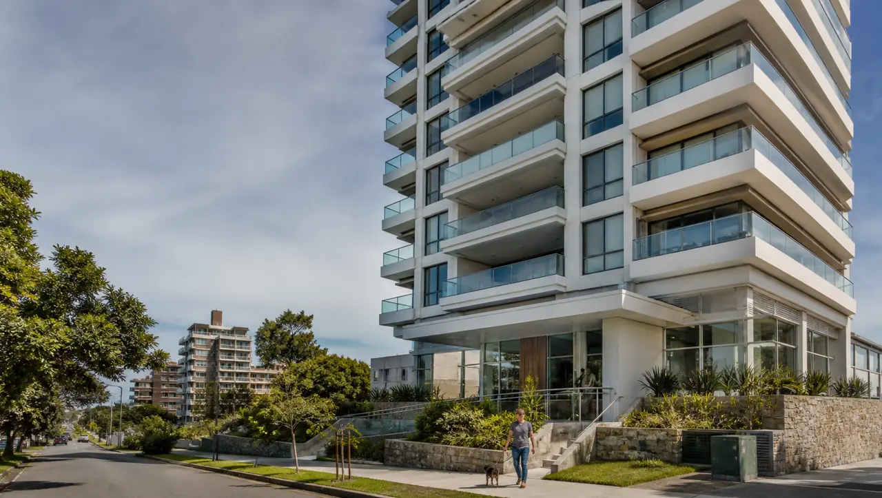 Torre residencial moderna con balcones, acceso y áreas exteriores cuidadas