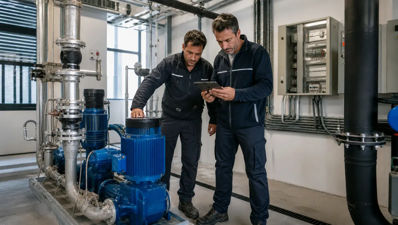 Técnicos revisando bombas y tableros en la sala de servicios de un edificio