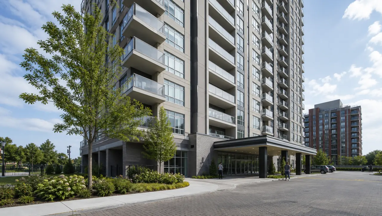 Torre de apartamentos con acceso principal y espacios exteriores compartidos