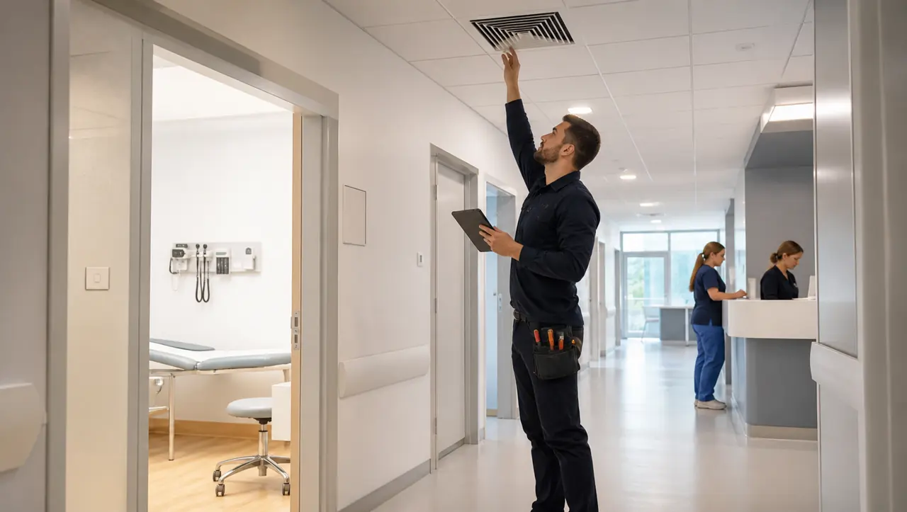 Técnico inspeccionando ventilación en el pasillo de consultorios de una policlínica