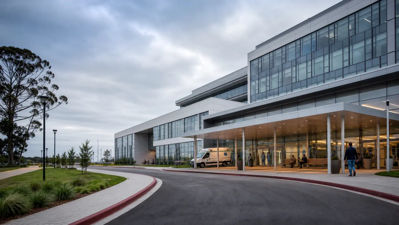 Hospital moderno con acceso cubierto, área de ingreso y jardines exteriores