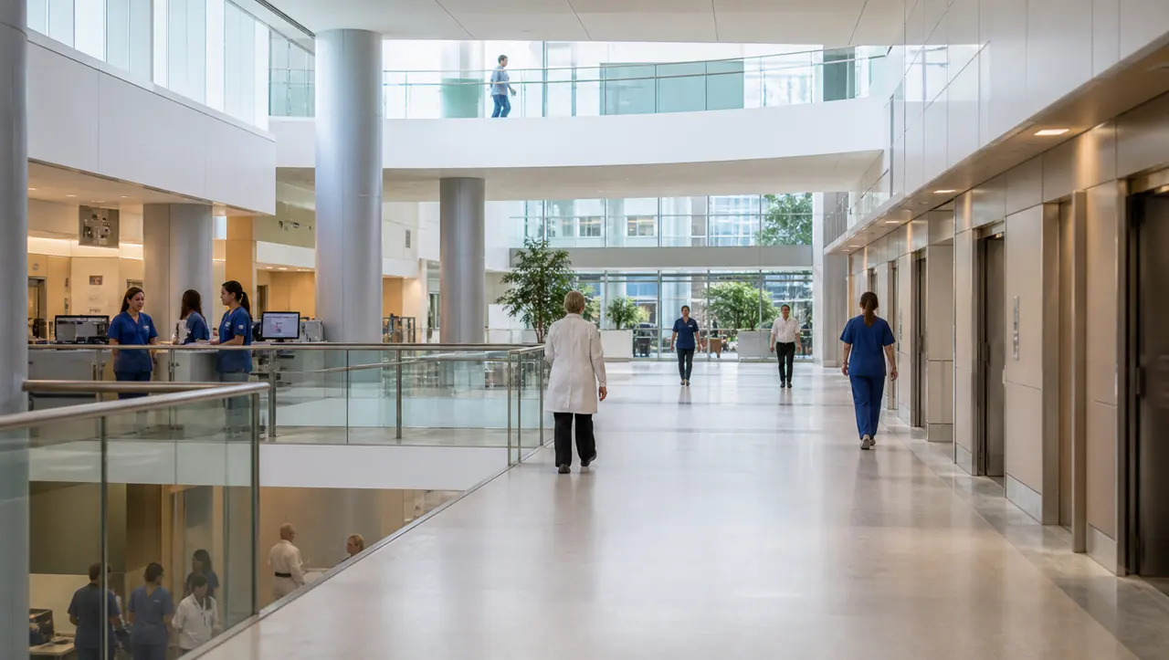 Área de circulación interna de un hospital con personal sanitario y visitantes