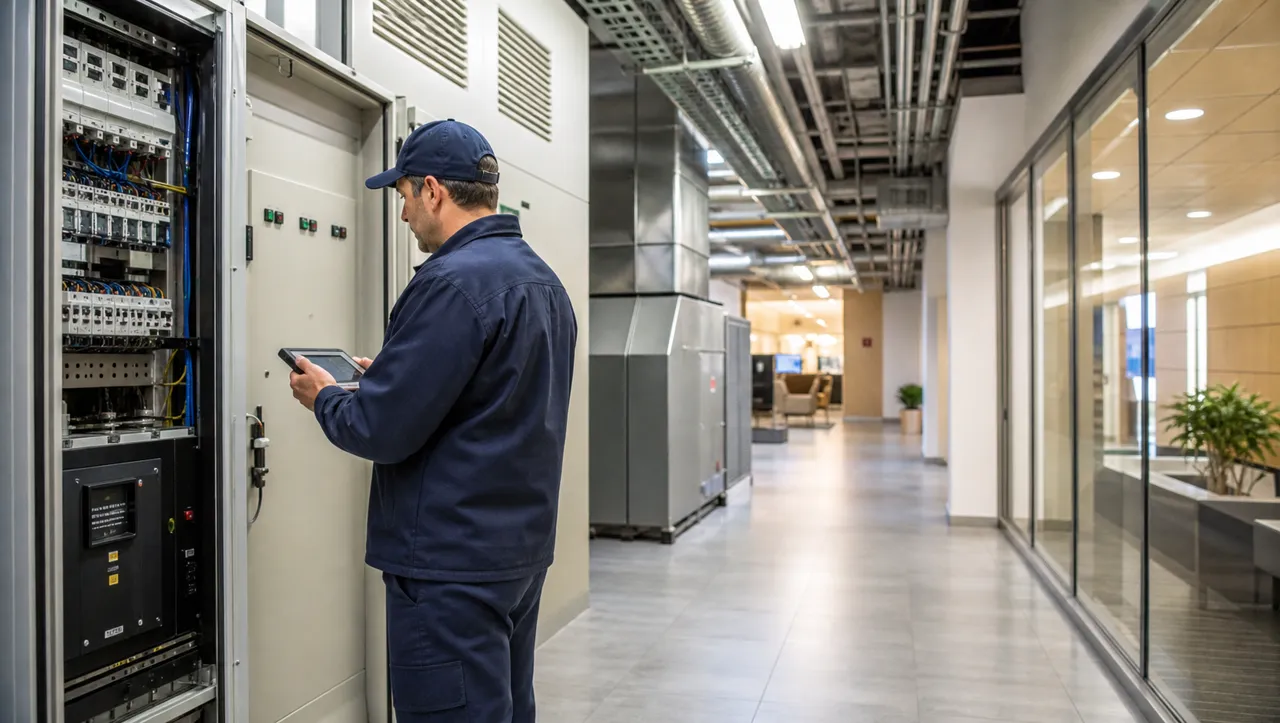 Técnico inspeccionando instalaciones eléctricas y de climatización de un banco