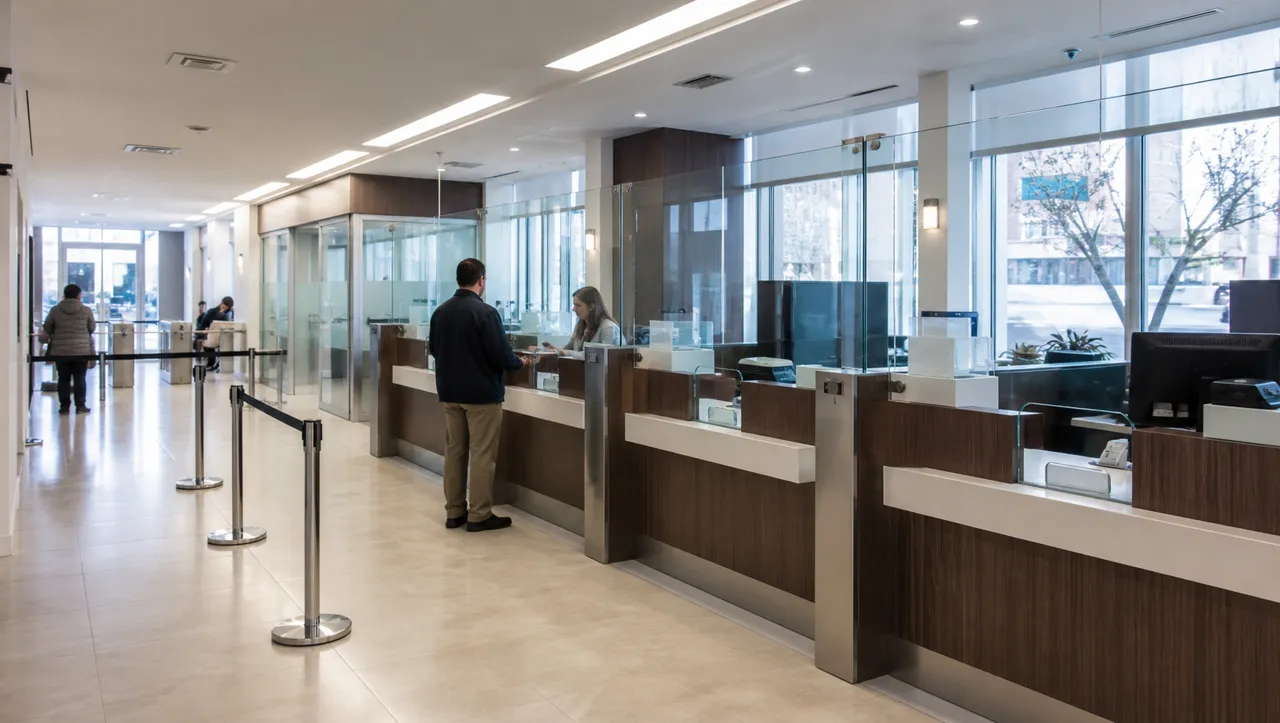 Interior de una sucursal bancaria con puestos de atención al público