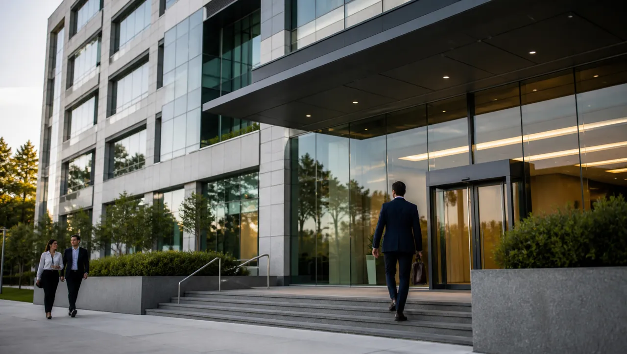 Edificio corporativo de oficinas con acceso principal