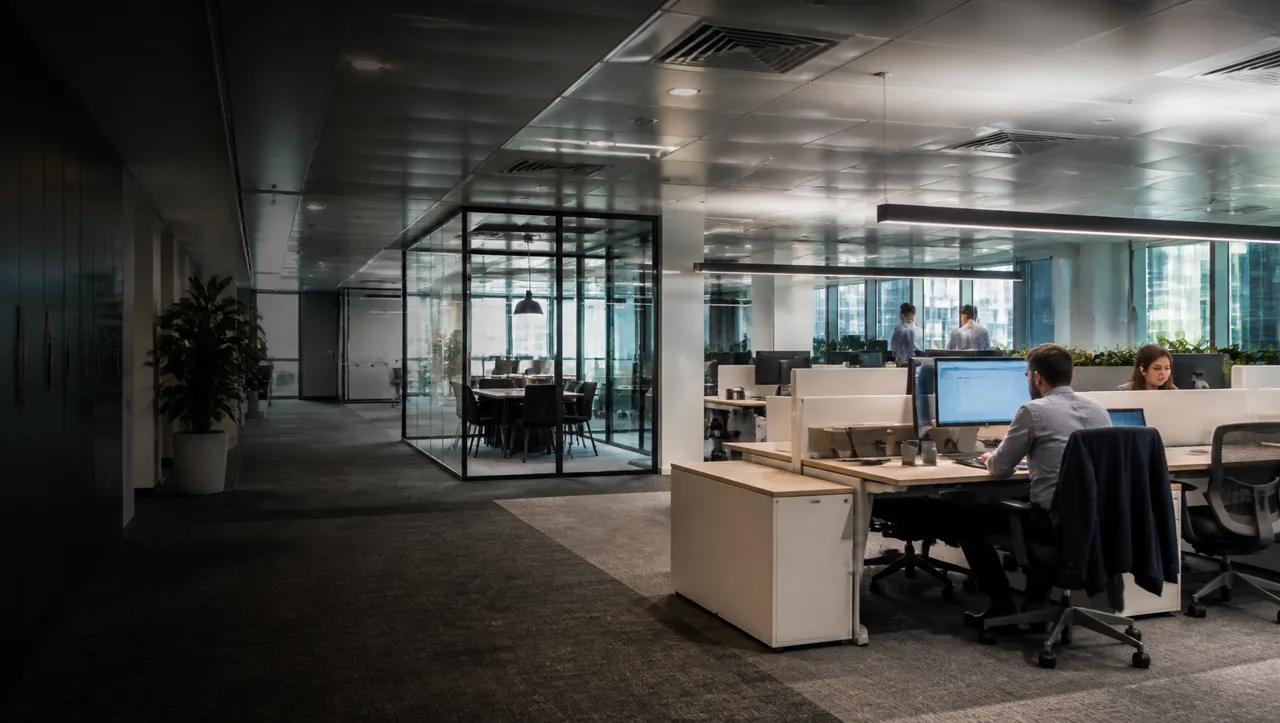 Oficina corporativa moderna con puestos de trabajo y salas de reunión