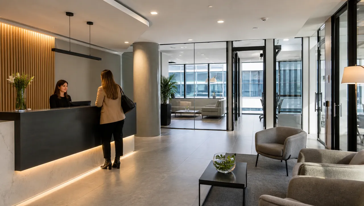 Recepción corporativa con mostrador y área de espera