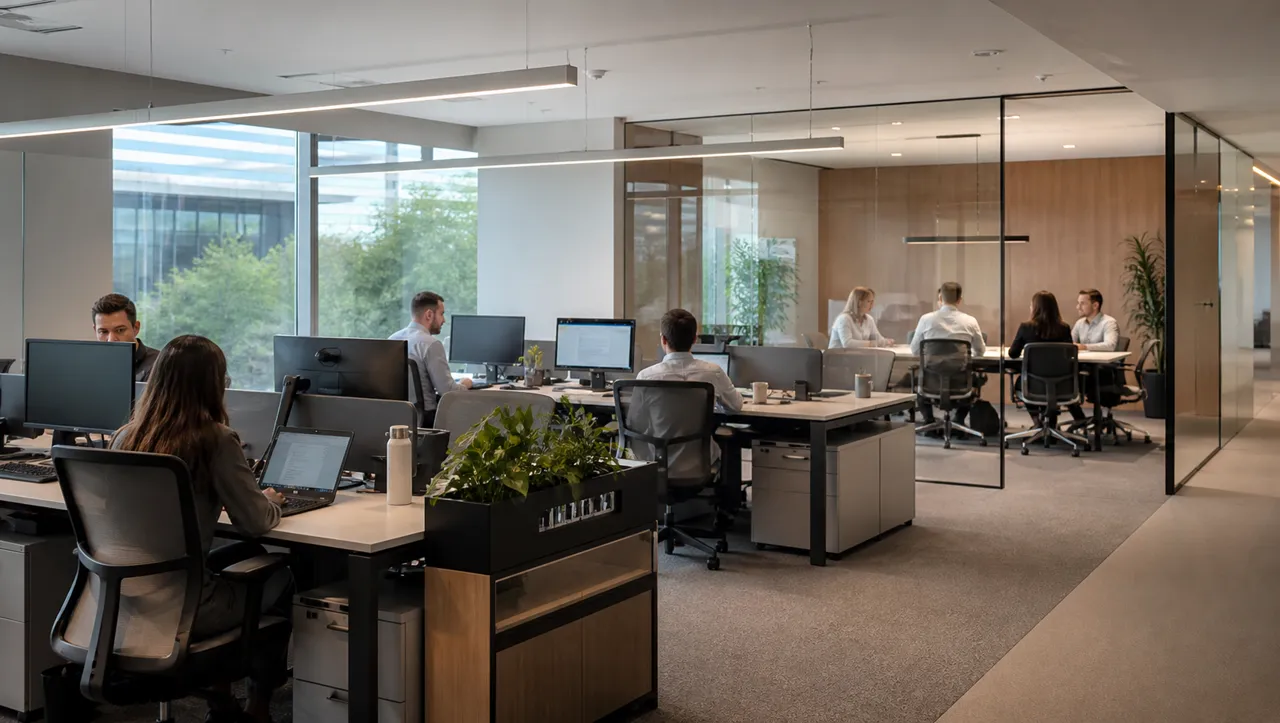 Puestos de trabajo y sala de reuniones en una oficina moderna