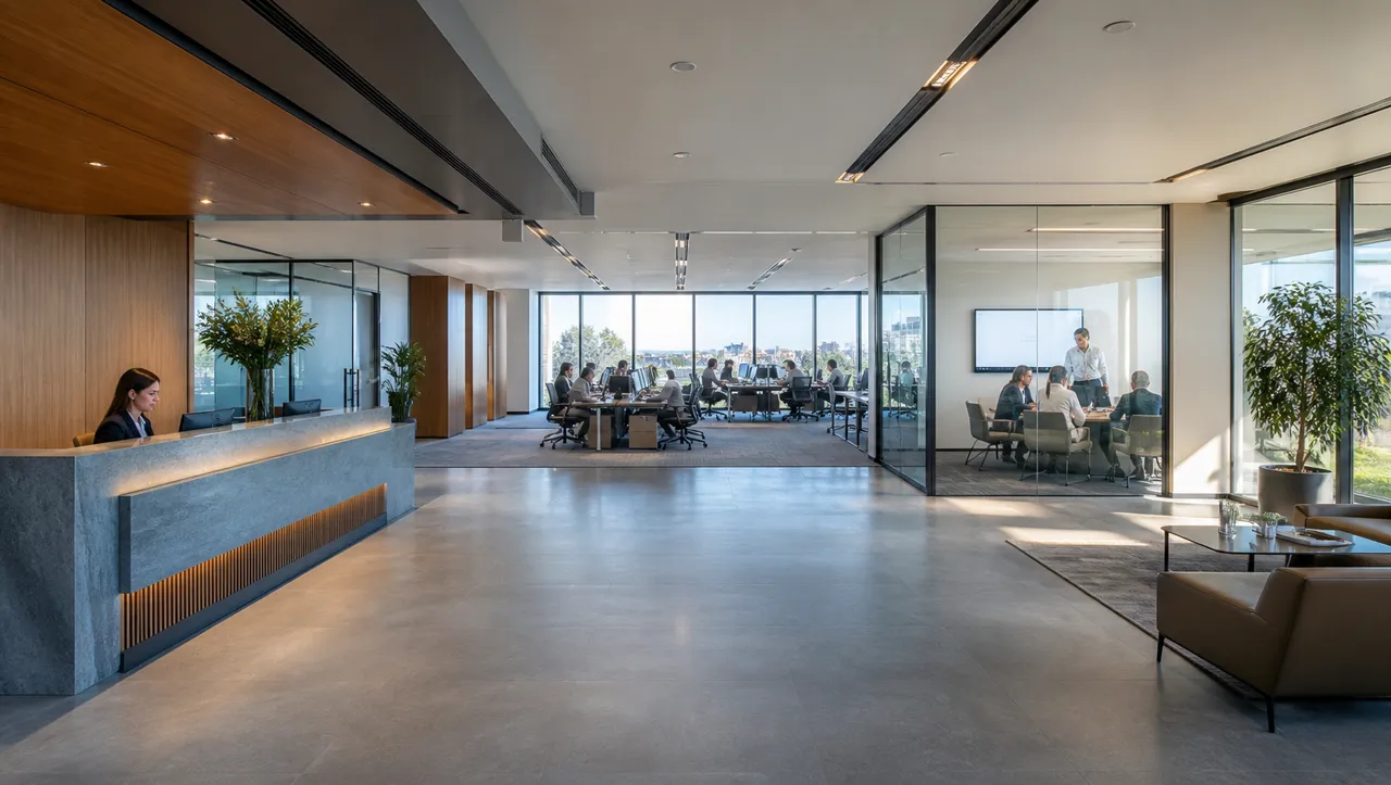 Sede empresarial con recepción, oficinas y salas de reunión