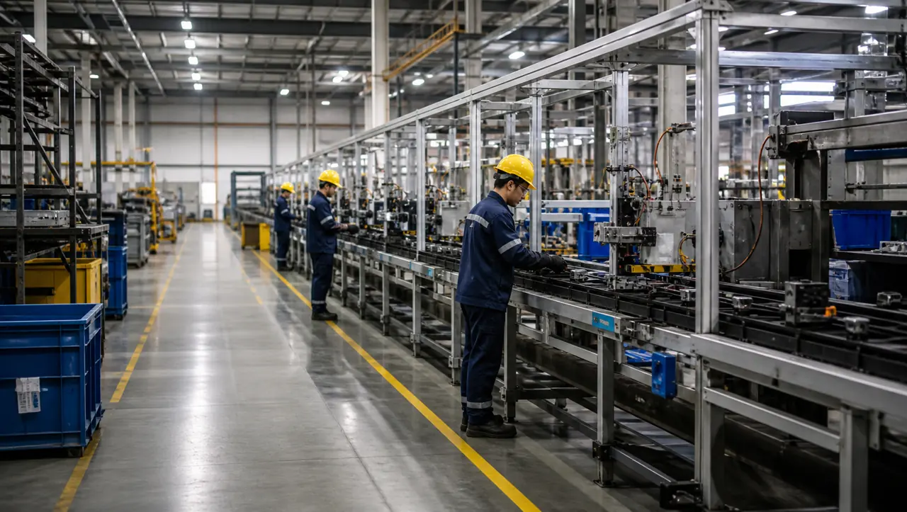 Área productiva industrial con línea de fabricación y pasillos señalizados