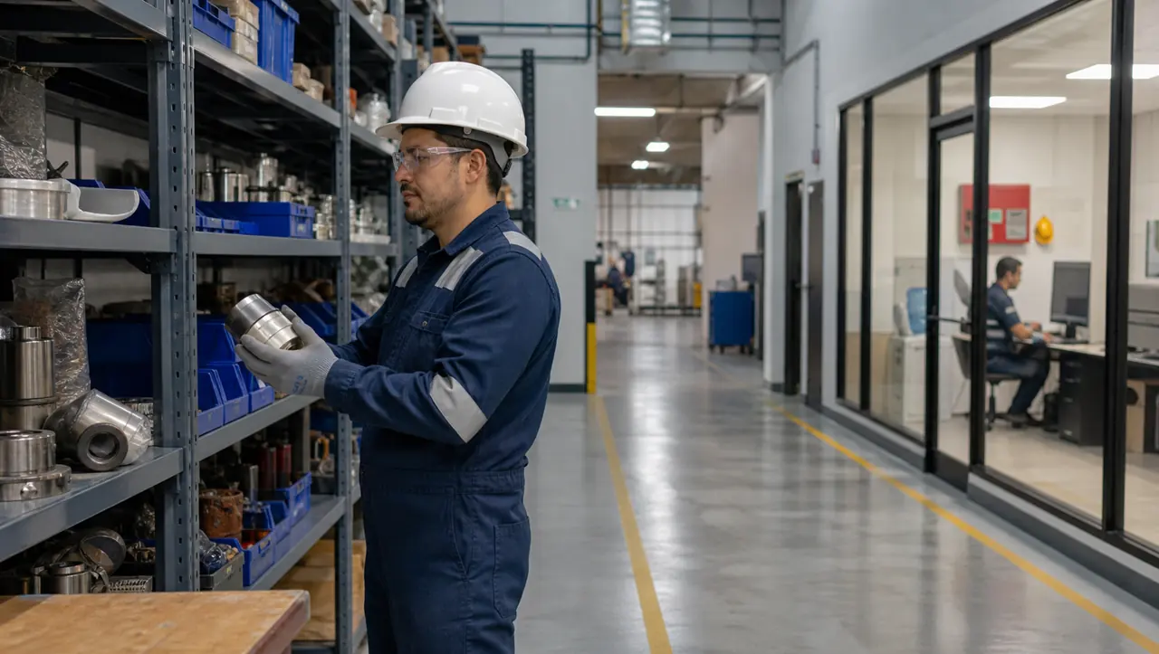 Técnico revisando repuestos en un depósito conectado con áreas de apoyo industrial