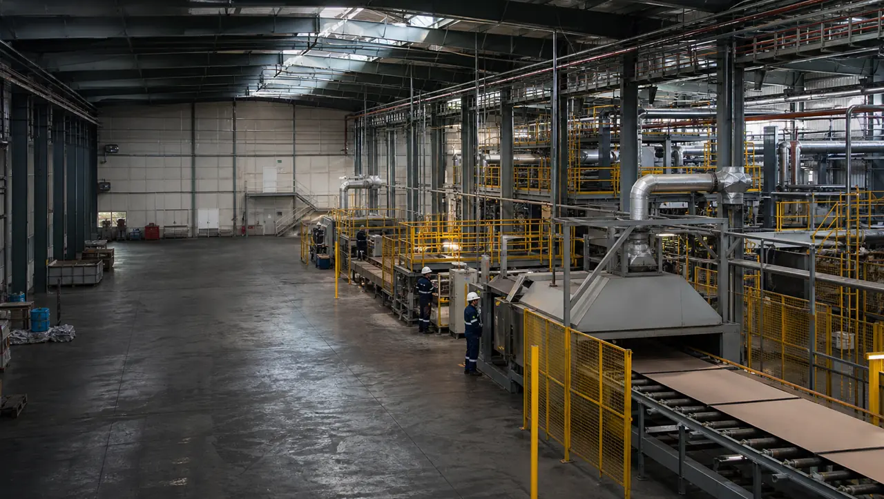 Planta industrial con líneas productivas, estructura técnica y zonas de circulación