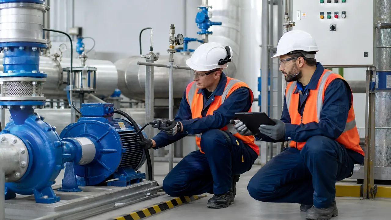 Técnicos inspeccionando bombas, motores y tuberías de una planta industrial