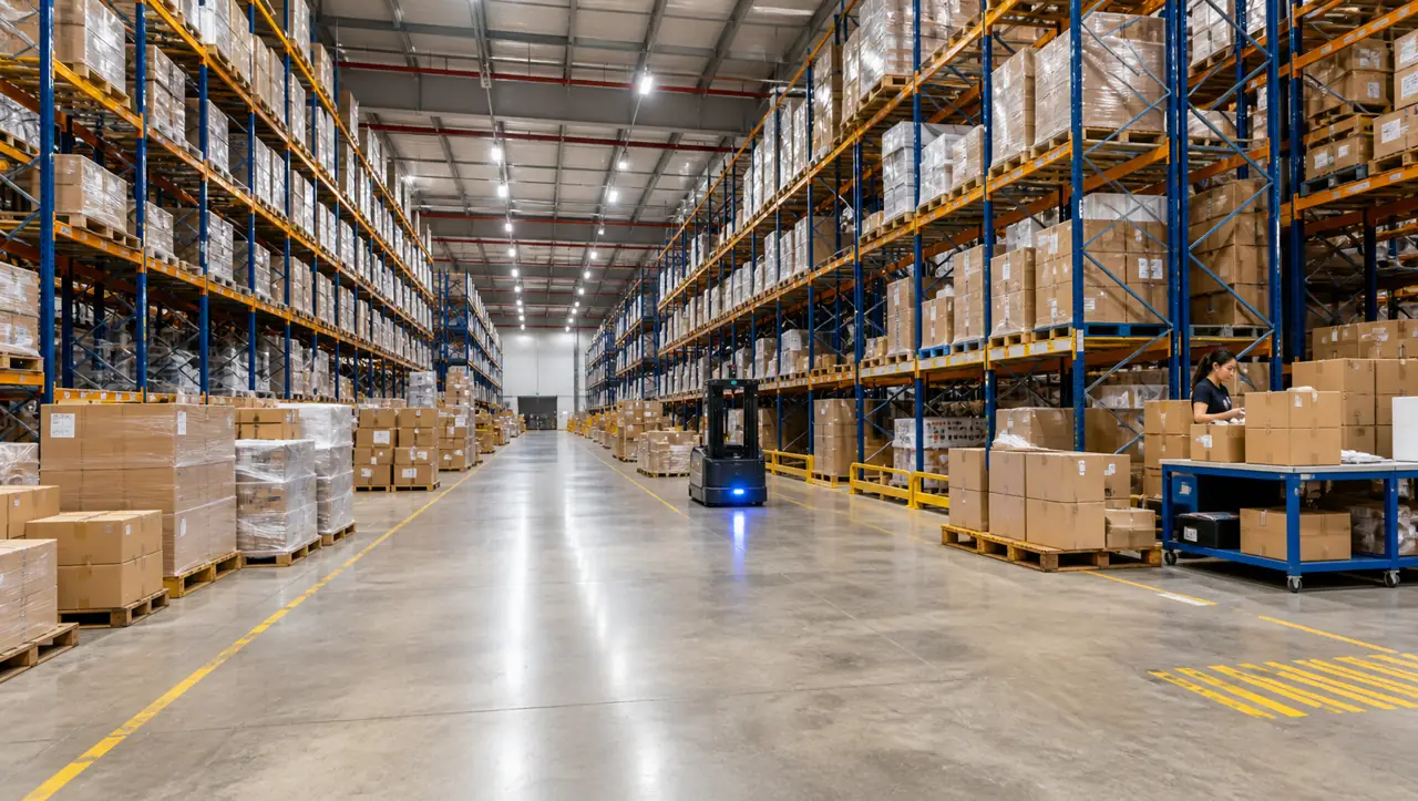 Interior de un centro logístico con racks, mercadería y pasillos de circulación