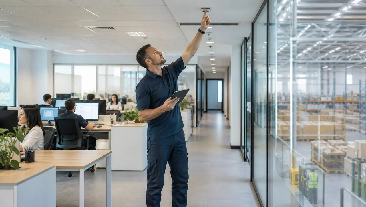 Técnico inspeccionando oficinas conectadas con la operación de un centro logístico