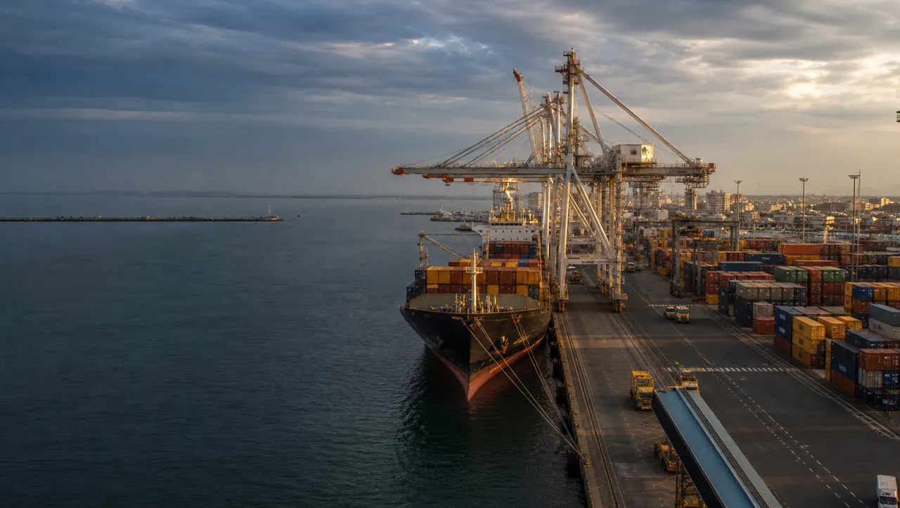 Terminal portuaria con buque, grúas y zona de contenedores