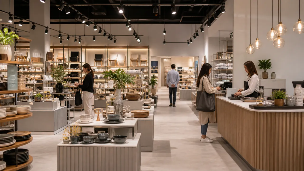 Salón de ventas con exhibidores, iluminación y mostrador de atención